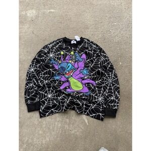 VTG Disney Stitch Sweatshirt Mens Small Black Happy Halloween Spiderweb Graphic